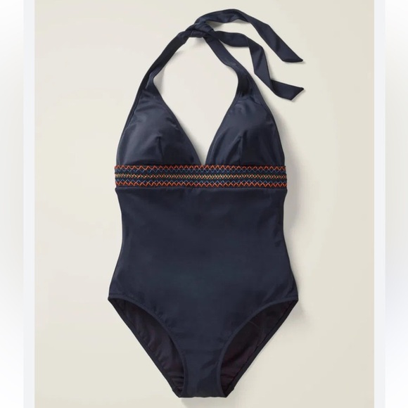 BODEN Como Embroidered One Piece Halter Swimsuit Women’s US 8 in Navy Blue - Picture 1 of 12